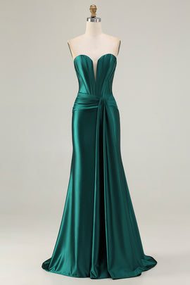 Dark Green Mermaid Strapless Corset Long Prom Dress