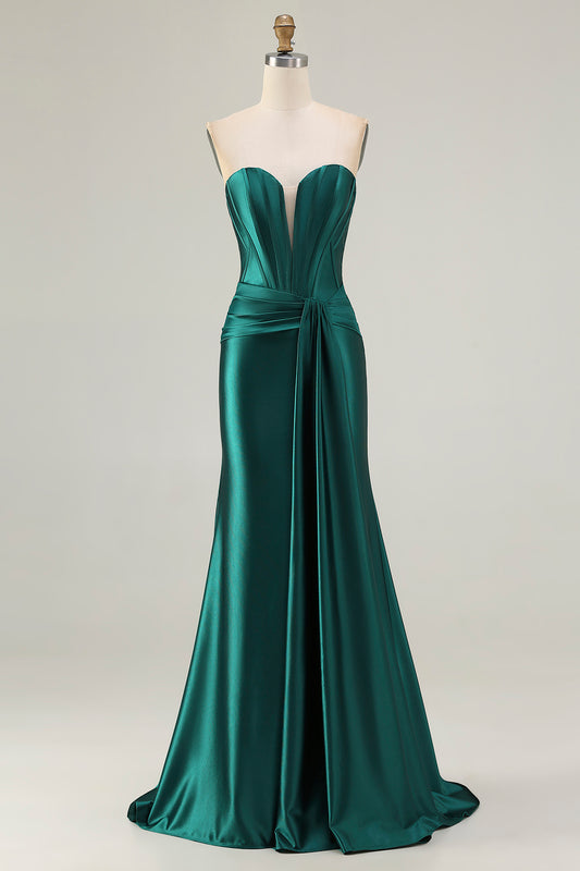 Dark Green Mermaid Strapless Corset Long Prom Dress