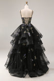 Sparkly Black A Line Sequins Tulle Long Prom Dress with Ruffles