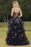 Sparkly Black A Line Sequins Tulle Long Prom Dress with Ruffles
