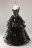 Sparkly Black A Line Sequins Tulle Long Prom Dress with Ruffles