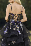 Sparkly Black A Line Sequins Tulle Long Prom Dress with Ruffles
