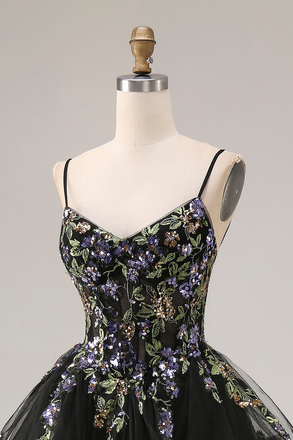 Sparkly Black A Line Sequins Tulle Long Prom Dress with Ruffles