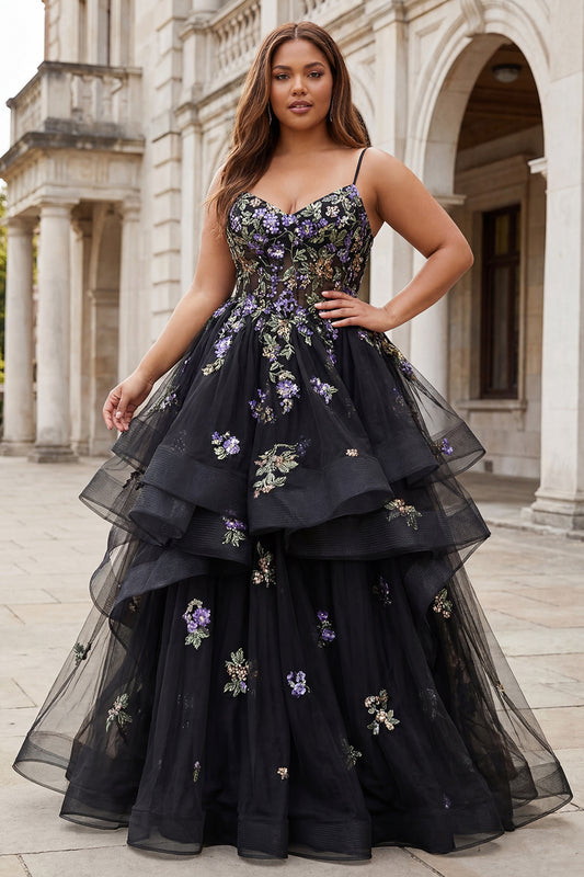 Plus Size Sparkly Black Sequins A Line Tulle Long Prom Dress with Ruffles