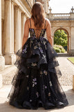 Plus Size Sparkly Black Sequins A Line Tulle Long Prom Dress with Ruffles