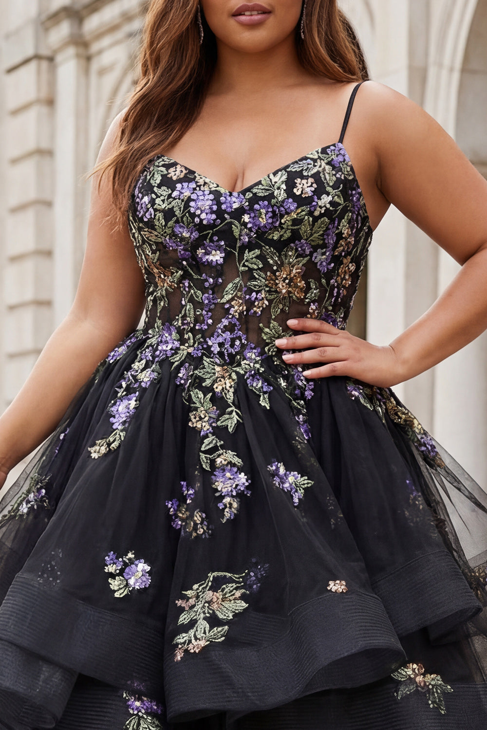 Plus Size Sparkly Black Sequins A Line Tulle Long Prom Dress with Ruffles