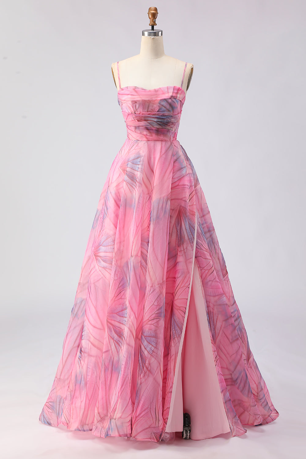Pink Floral A Line Tulle Spaghetti Straps Long Prom Dress with Slit
