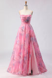Pink Floral A Line Tulle Spaghetti Straps Long Prom Dress with Slit