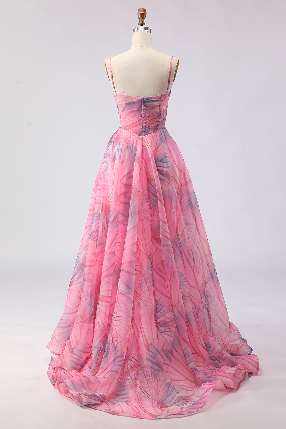 Pink Floral A Line Tulle Spaghetti Straps Long Prom Dress with Slit