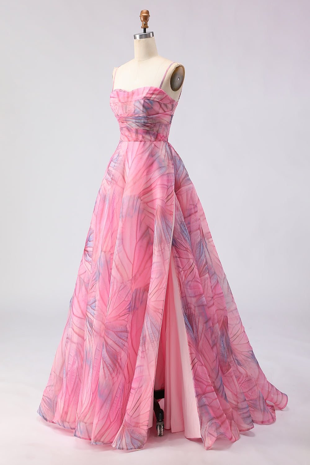 Pink Floral A Line Tulle Spaghetti Straps Long Prom Dress with Slit
