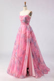 Pink Floral A Line Tulle Spaghetti Straps Long Prom Dress with Slit