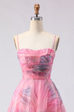 Pink Floral A Line Tulle Spaghetti Straps Long Prom Dress with Slit