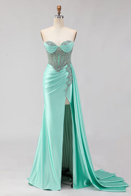 Sparkly Mint Green Beaded Mermaid Long Corset Prom Dress with Slit