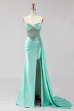Sparkly Mint Green Beaded Mermaid Long Corset Prom Dress with Slit