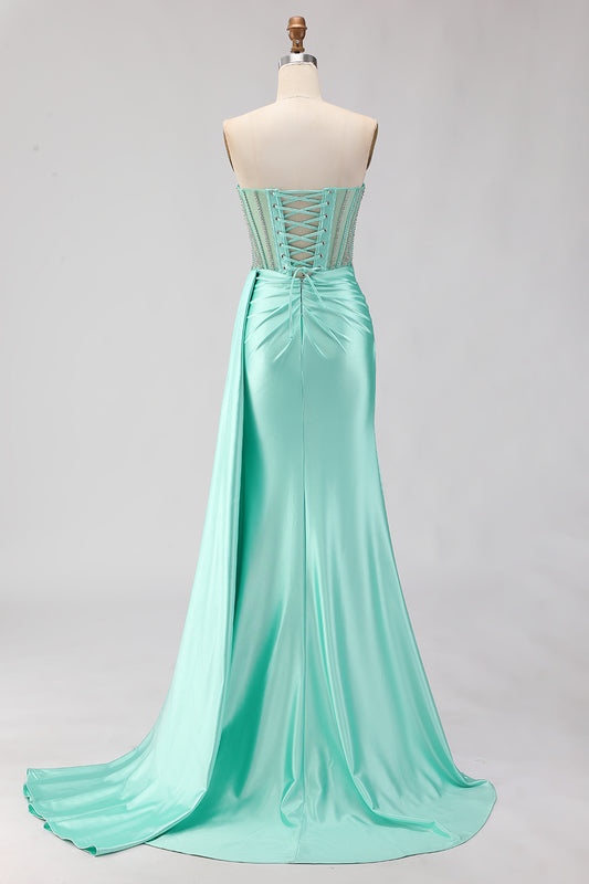 Zapakasa Women Sparkly Mint Green Beaded Long Corset Prom Dress with Slit Sweetheart Strapless Ruched Satin Lace Up Back Pageant Dress with Side Cape Zapakasa Women Sparkly Mint Green Beaded Long Corset Prom Dress with Slit Sweetheart Strapless Ruched Satin Lace Up Back Pageant Dress with Side Cape