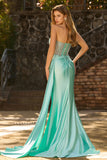Sparkly Mint Green Mermaid Ruched Long Corset Prom Dress with Beading