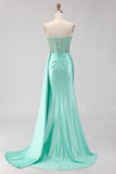 Sparkly Mint Green Beaded Mermaid Long Corset Prom Dress with Slit