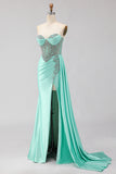 Sparkly Mint Green Beaded Mermaid Long Corset Prom Dress with Slit