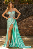 Sparkly Mint Green Mermaid Ruched Long Corset Prom Dress with Beading