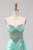 Sparkly Mint Green Beaded Mermaid Long Corset Prom Dress with Slit