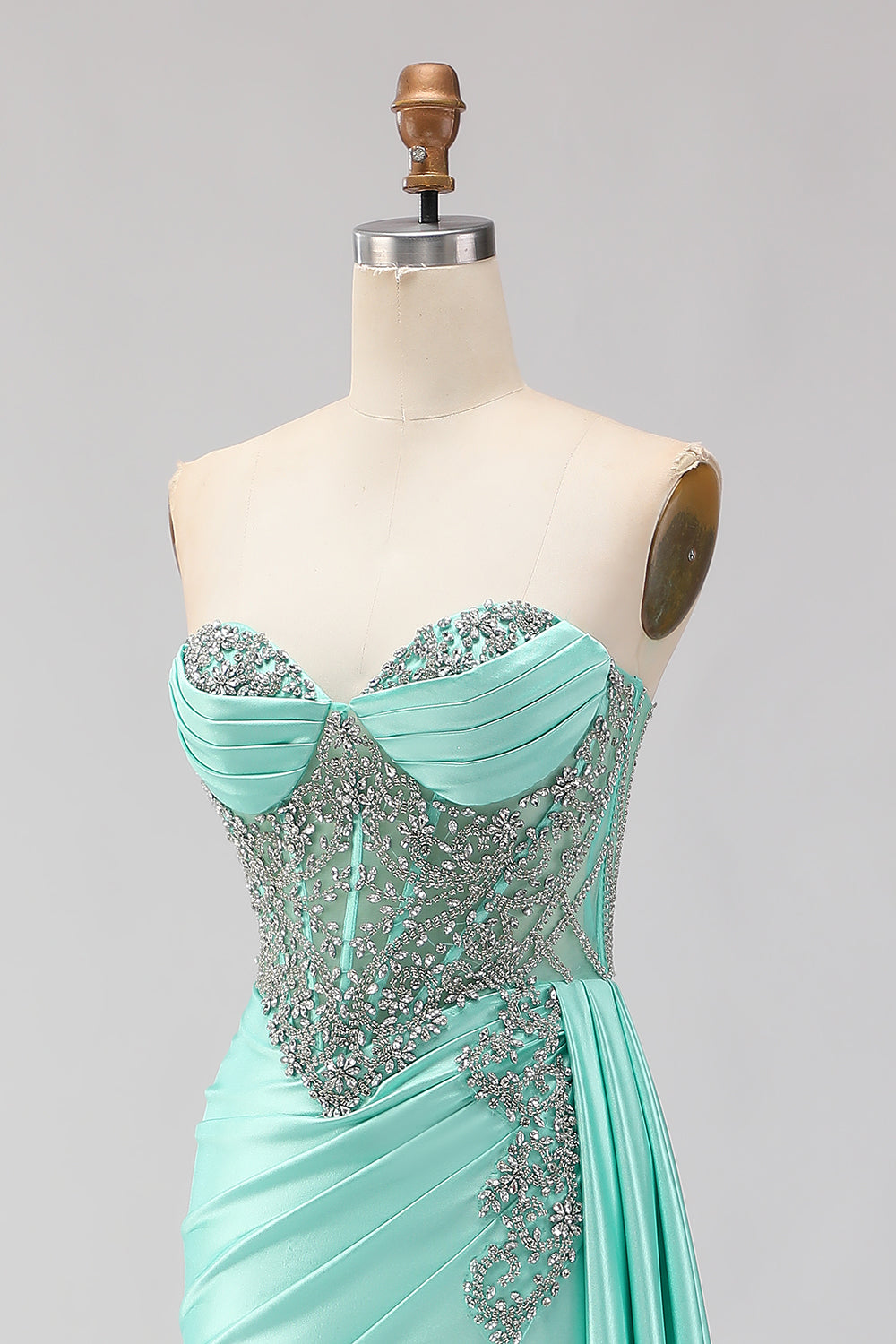Sparkly Mint Green Beaded Mermaid Long Corset Prom Dress with Slit