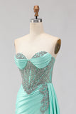 Sparkly Mint Green Beaded Mermaid Long Corset Prom Dress with Slit