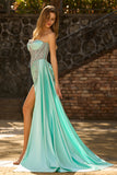 Sparkly Mint Green Mermaid Ruched Long Corset Prom Dress with Beading