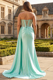 Sparkly Mint Green Plus Size Beaded Mermaid Long Corset Prom Dress with Slit