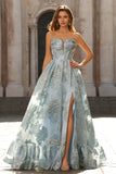Sparkly Pink Strapless Floral Long Corset Prom Dress with Slit