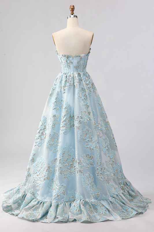 Floral Light Blue Sweetheart Ruffled Long Corset Prom Dress with Slit