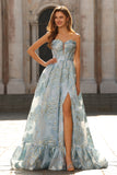 Sparkly Pink Strapless Floral Long Corset Prom Dress with Slit