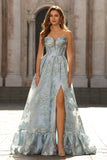 Sparkly Pink Strapless Floral Long Corset Prom Dress with Slit