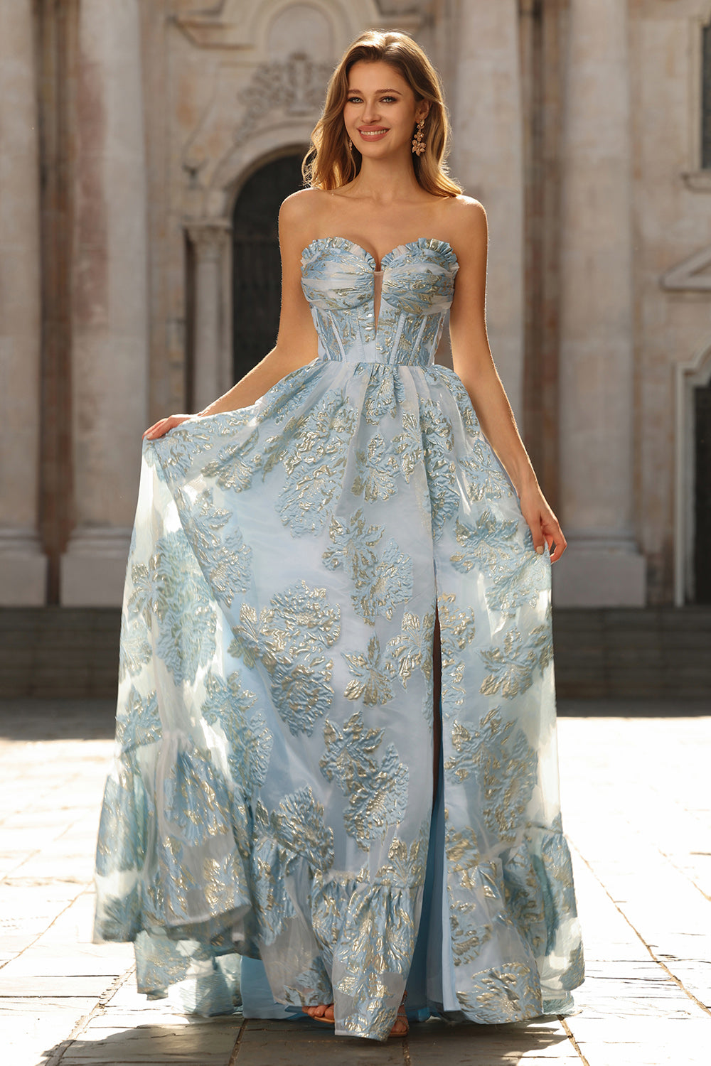 Sparkly Pink Strapless Floral Long Corset Prom Dress with Slit