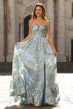 Sparkly Pink Strapless Floral Long Corset Prom Dress with Slit