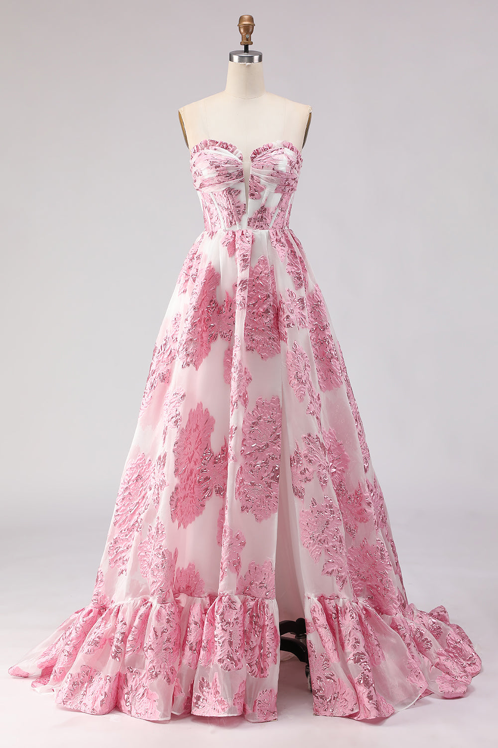 Floral Pink Sweetheart Ruffled A-Line Long Corset Prom Dress with Slit