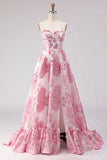 Floral Pink Sweetheart Ruffled A-Line Long Corset Prom Dress with Slit