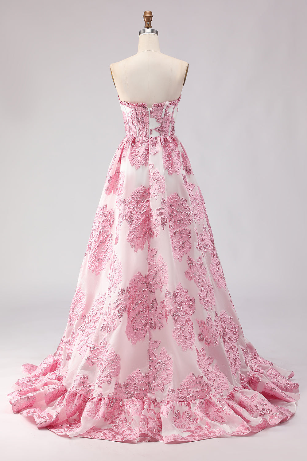 Floral Pink Sweetheart Ruffled A-Line Long Corset Prom Dress with Slit