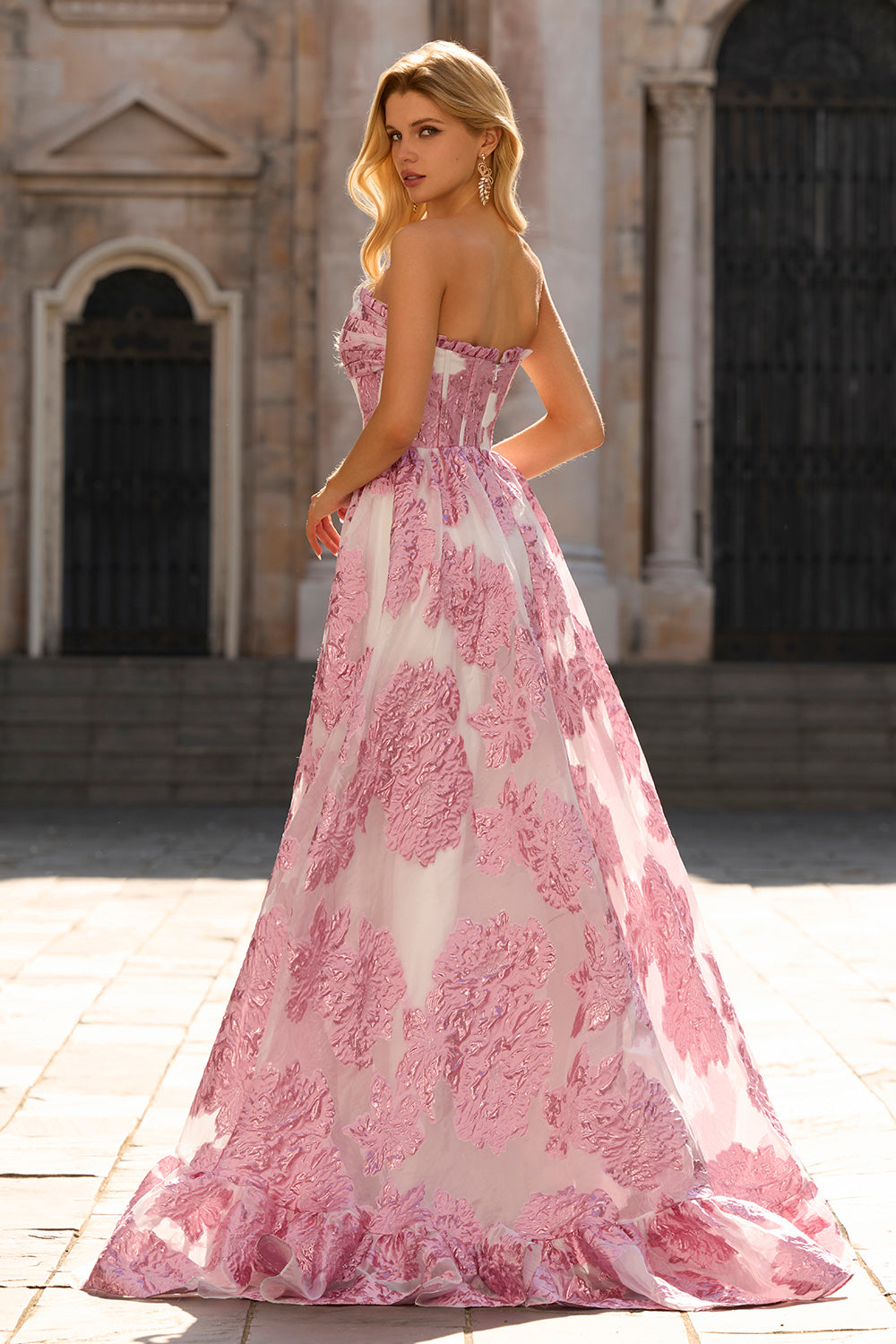 Floral Pink Sweetheart Ruffled A-Line Long Corset Prom Dress with Slit