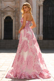Sparkly Pink Strapless Floral Long Corset Prom Dress with Slit