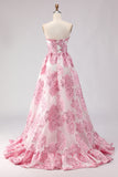 Floral Pink Sweetheart Ruffled A-Line Long Corset Prom Dress with Slit