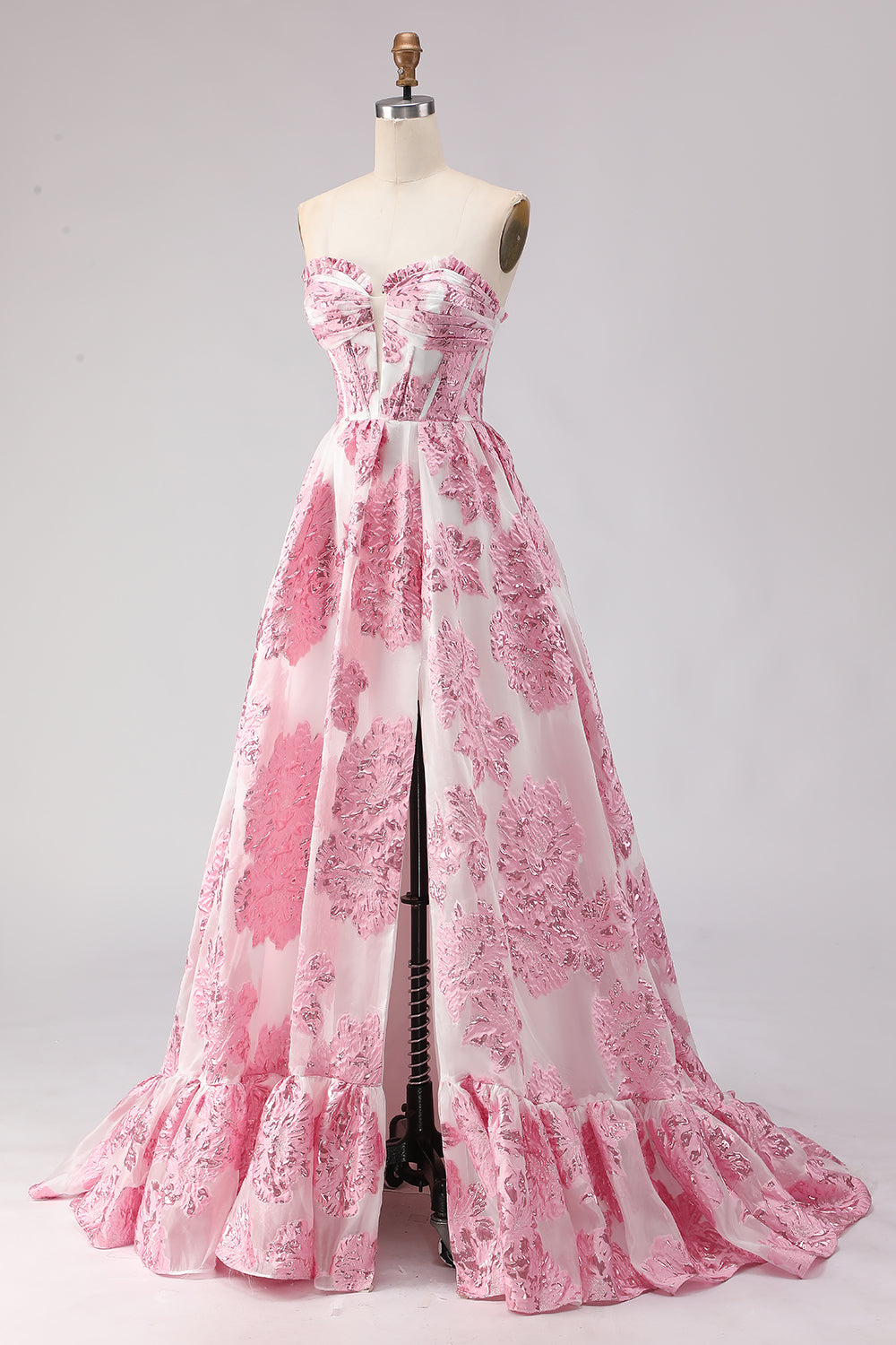 Floral Pink Sweetheart Ruffled A-Line Long Corset Prom Dress with Slit