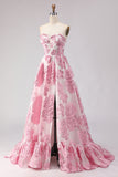 Floral Pink Sweetheart Ruffled A-Line Long Corset Prom Dress with Slit