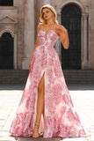 Sparkly Pink Strapless Floral Long Corset Prom Dress with Slit