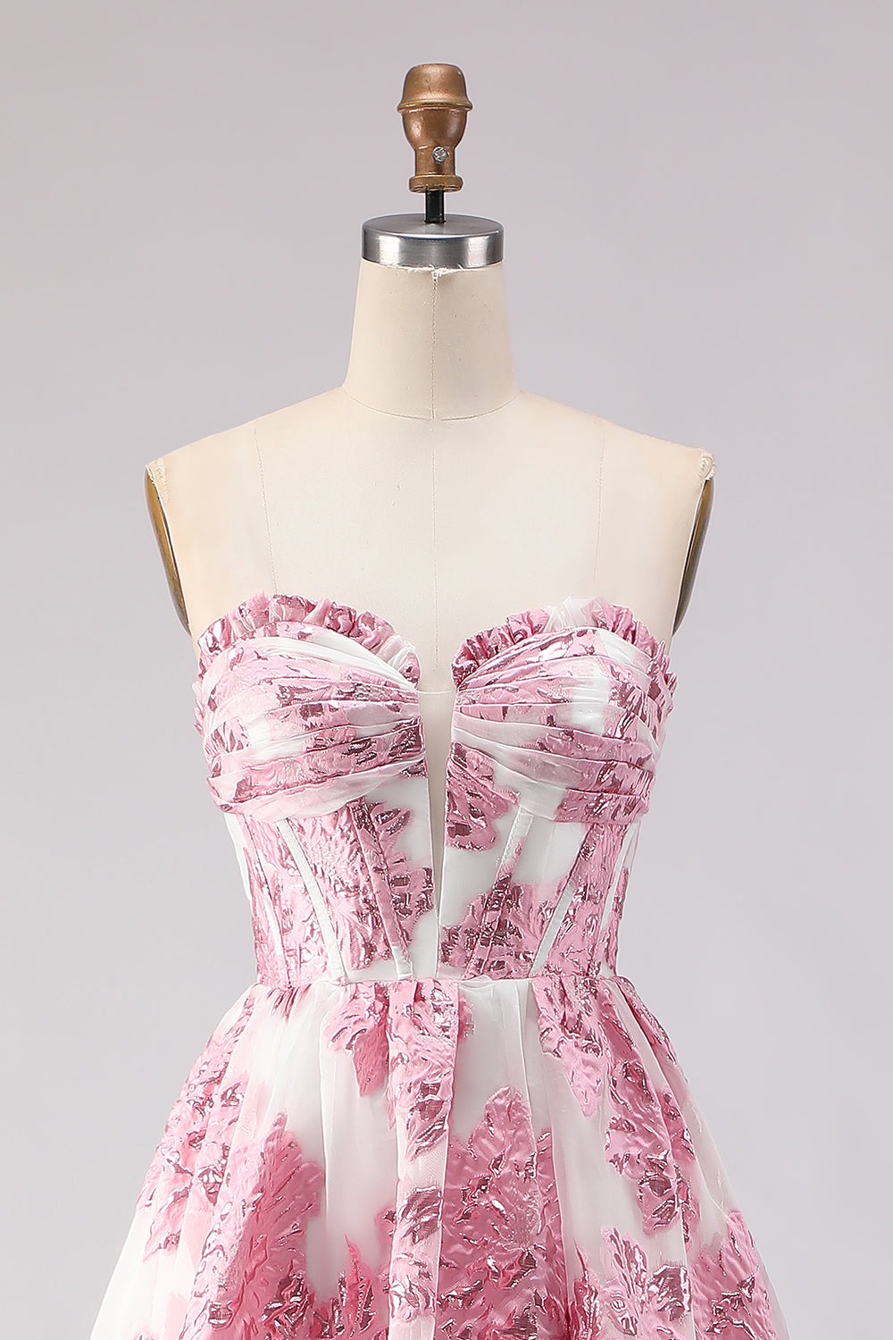 Floral Pink Sweetheart Ruffled A-Line Long Corset Prom Dress with Slit