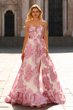 Sparkly Pink Strapless Floral Long Corset Prom Dress with Slit