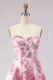 Floral Pink Sweetheart Ruffled A-Line Long Corset Prom Dress with Slit