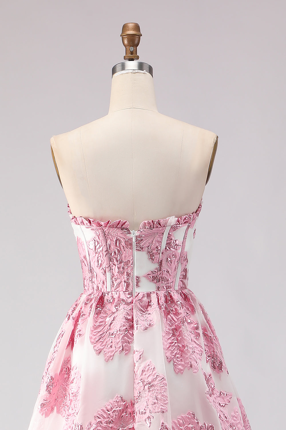 Floral Pink Sweetheart Ruffled A-Line Long Corset Prom Dress with Slit