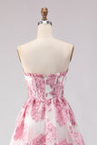 Floral Pink Sweetheart Ruffled A-Line Long Corset Prom Dress with Slit