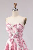 Floral Pink Sweetheart Ruffled A-Line Long Corset Prom Dress with Slit