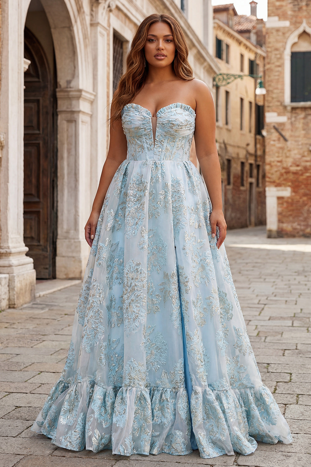 Floral Light Blue Plus Size Sweetheart Ruffled Long Corset Prom Dress with Slit